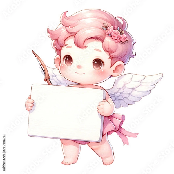 Obraz Illustration of a cute, cherubic cupid with pink decorations hold label or sign, Adorable Angelic Cupid, character design, romantic and love, watercolor clipart, Valentine day and holiday concept.