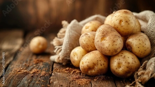 Obraz Earthy potatoes clustered atop a rustic dark wooden kitchen table
