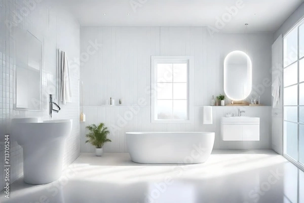 Fototapeta A sparkling clean bathroom space with an emphasis on hygiene and cleanliness. Perfectly lit, this super realistic image captures a white light highlighting a pristine toilet flush, promoting 