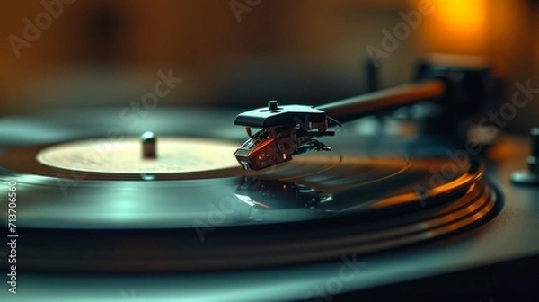 Fototapeta Close-up of a vinyl record on a turntable with needle tracing the grooves.
