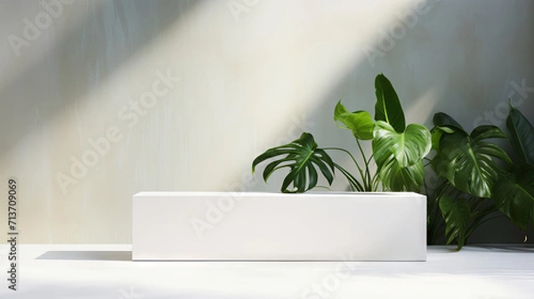 Fototapeta Minimal white podium with green leaves natural background for cosmetic products display, Empty natural platform