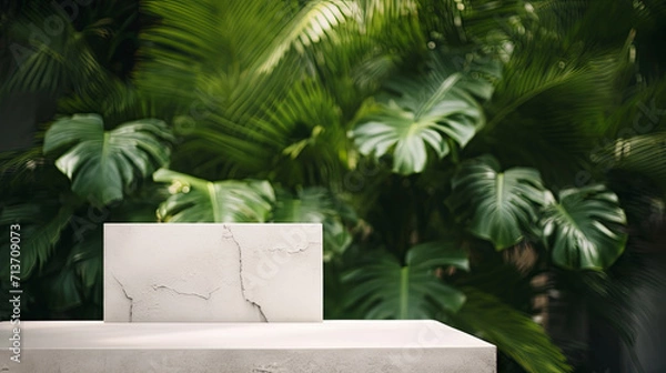 Fototapeta Minimal white podium with green leaves natural background for cosmetic products display, Empty natural platform