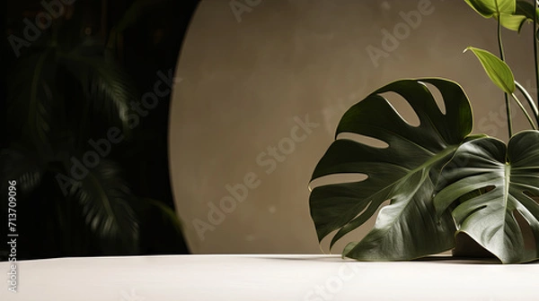 Obraz Minimal white podium with green leaves natural background for cosmetic products display, Empty natural platform