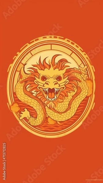 Fototapeta Light golden Chinese dragon, flat 2D style, minimalist style, generative ai
