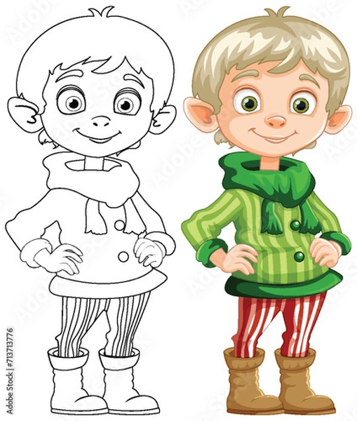 Fototapeta Line art and colored illustration of a happy elf.