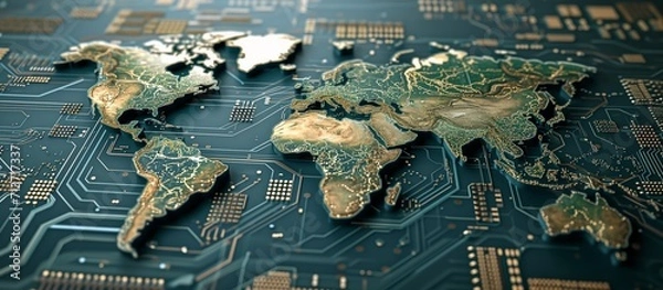 Obraz World Map on Circuit Board Highlighting Global Technology
