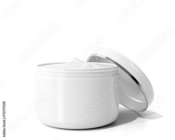 Fototapeta Blank White Glossy Cosmetic Cream Jar Packaging With Metallic Ring Isolated On Transparent Background, Prepared For Mockup, 3D Render.