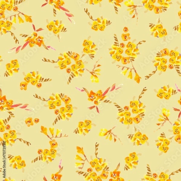 Obraz 花柄、フリージアのシームレスなパターン、春のイラスト、テキスタイル、壁紙、包装紙、