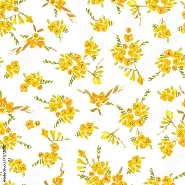 Obraz 花柄、フリージアのシームレスなパターン、春のイラスト、テキスタイル、壁紙、包装紙、