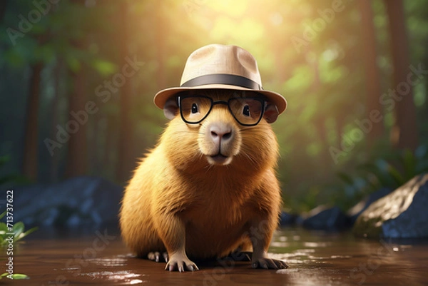 Obraz cute capybara with hat and glasses