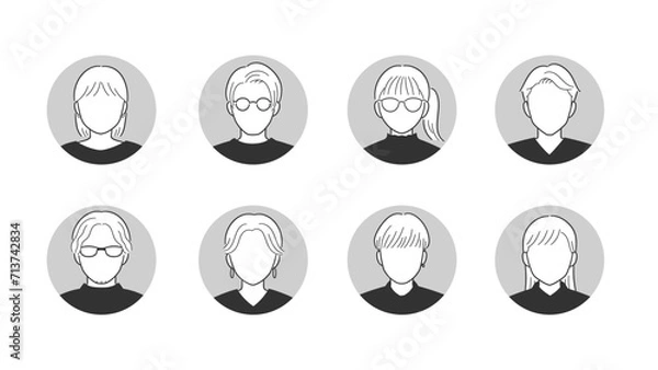 Obraz シンプルカジュアルな人物のベクターアイコンモノクロイラストセット