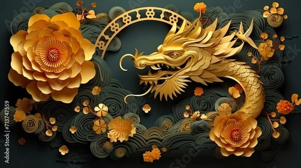 Fototapeta Lunar new year, year of the dragon background decoration, asian elements paper cut style on dark color background. Luxury style. 
