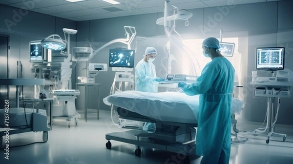 Fototapeta Landscape featuring the integration of 3D visualization technology in a surgical suite.