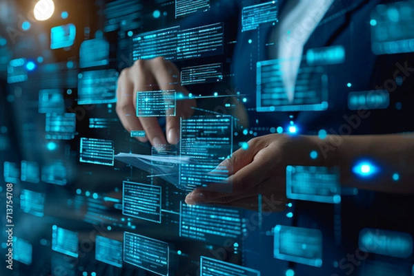Fototapeta Efficient document management involves businessmen using a digital system to check and handle electronic documents on virtual screens, enhancing paperless operations through process automation.