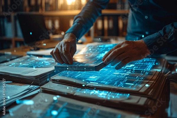Fototapeta Efficient document management involves businessmen using a digital system to check and handle electronic documents on virtual screens, enhancing paperless operations through process automation.