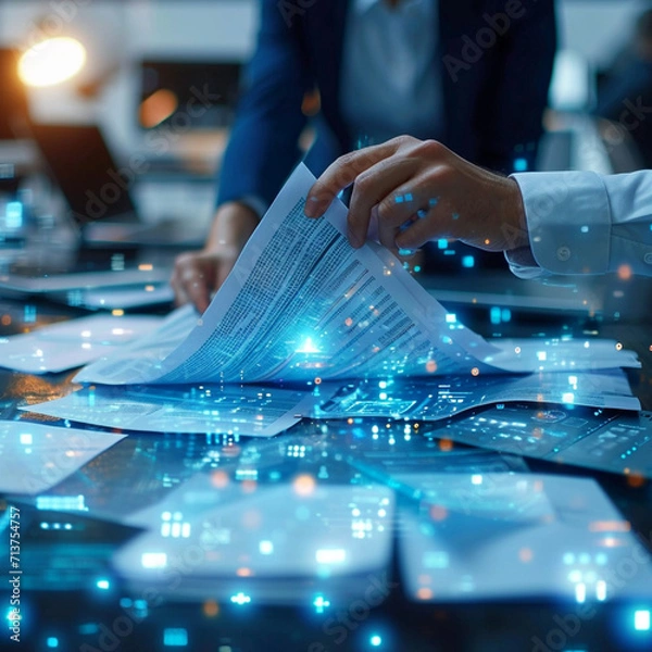 Fototapeta Efficient document management involves businessmen using a digital system to check and handle electronic documents on virtual screens, enhancing paperless operations through process automation.