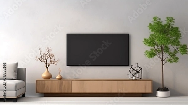 Fototapeta view of living room in minimal style with television on wall