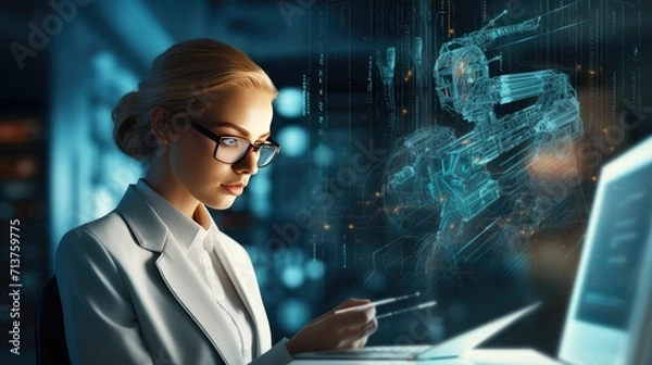 Fototapeta Futuristic cyber business and intelligence robotic working concept in modern global business
