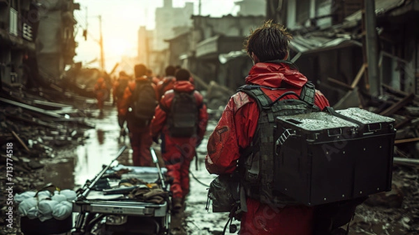 Fototapeta 被災地で働くレスキュー隊・自衛隊・災害派遣医療チーム・DMAT・災害救助の後ろ姿
