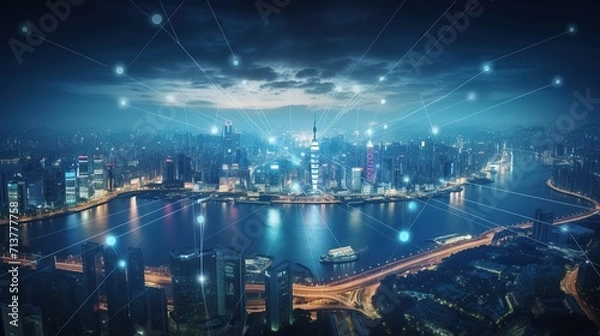 Fototapeta male businessman,Successful businessman standing ,On top of building and looking at Skyline Night Light.