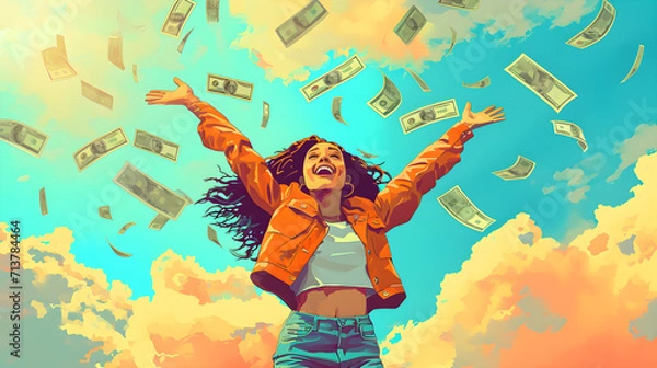 Obraz Laughing Prosperity: Woman Celebrating Financial Success with Money Shower, Dreams Materialized: Woman Reveling in Wealth, Laughter, and Abundance