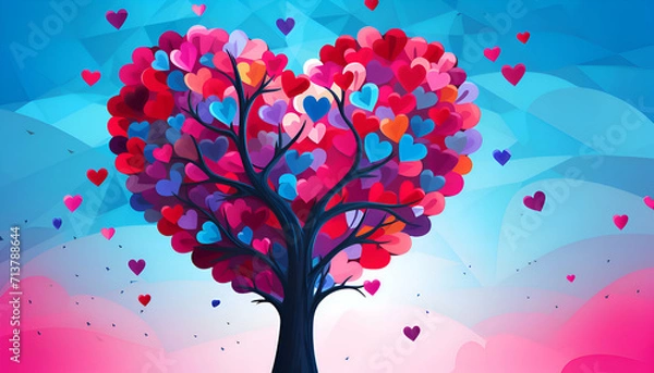 Fototapeta Valentines day background with heart tree and colorful hearts.  illustration.