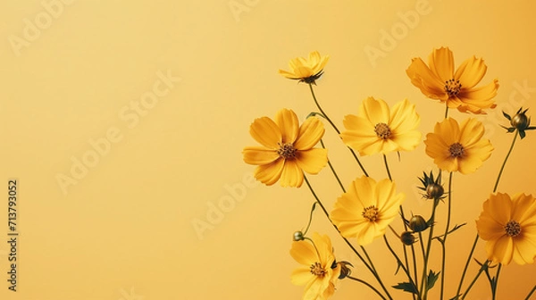 Fototapeta Capturing the Tranquility of Autumn: Aesthetic Floral Flat Lay with Beautiful Withered Cosmos Flowers in Minimal Trend, Top View Composition, Monochrome Background, and Copyspace Isolated for Creative