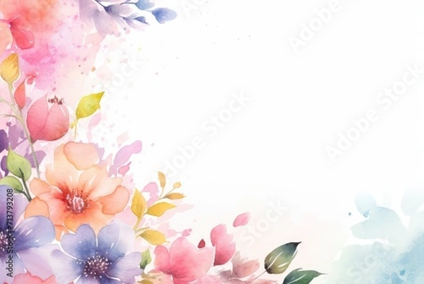 Obraz Spring may flower banner with watercolor painted frame of decorative ornament blossom patterns over white background symbolized beauty femininity mockup, may, colorful mother's day copy space for text