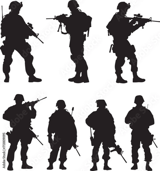 Fototapeta Set of  Soldier and army force black silhouette 