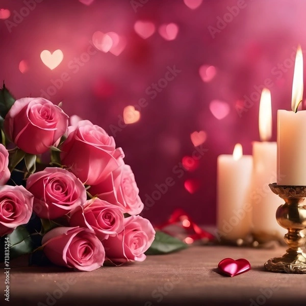 Obraz Valentine's day background in pink tones with, rose flowers and burning candles, horizontal luxury glamour romantic backdrop 
