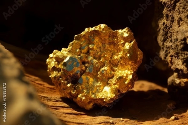 Fototapeta Mining gold precious nugget. Shiny goldmine treasure mineral gob. Generate ai