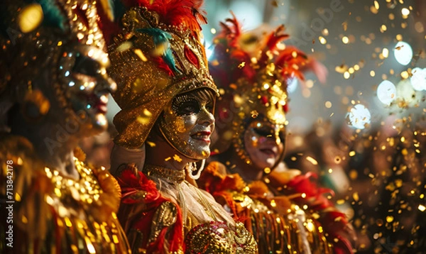 Obraz People in carnival costumes with feathers and sequins at a colorful dance party generated AI