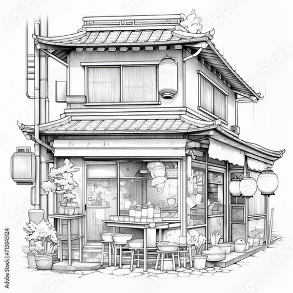 Obraz Coloring book of vintage ramen shop in Japan.