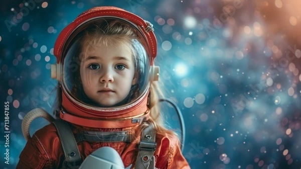 Fototapeta A kindergarten girl dressed as an astronaut holding a model rocket. Standing against a starry space background.
