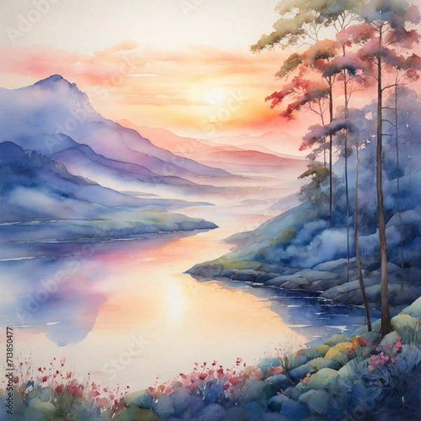 Fototapeta A Beautiful natural watercolor painting of a River, mountain trees, and birds with sunshine