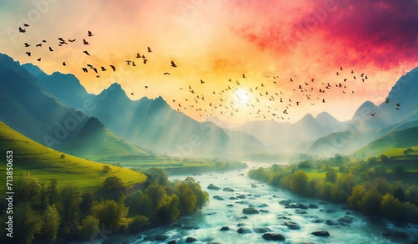 Fototapeta A Beautiful natural watercolor painting of a River, mountain trees, and birds with sunshine