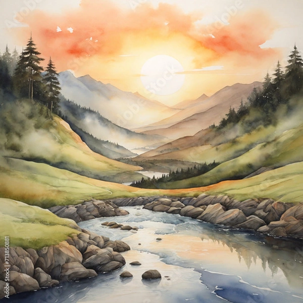Fototapeta A Beautiful natural watercolor painting of a River, mountain trees, and birds with sunshine
