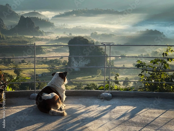 Fototapeta Dog relax and watch nice view from Phu Lanka view point in the early morning with a happy