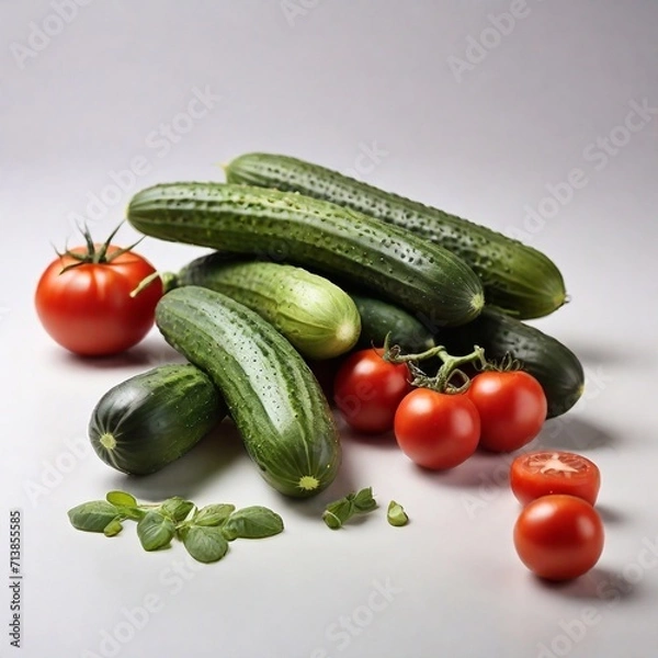 Fototapeta cucumbers and tomatoes on a white background