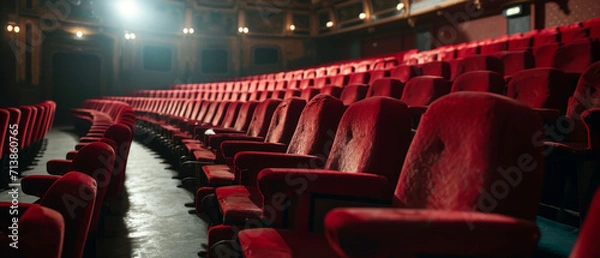 Fototapeta Light hitting red cloth seats in theater , movie theater by AI generate.