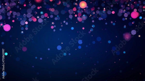 Obraz Festive gradient blue background with round flying confetti, bokeh and bright particles. Illustration for greeting card, carnival, holiday, celebration. Copy space.