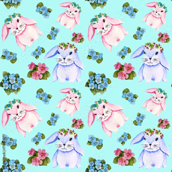 Fototapeta Seamless pattern with cartoon rabbit and violet flowers on blue background