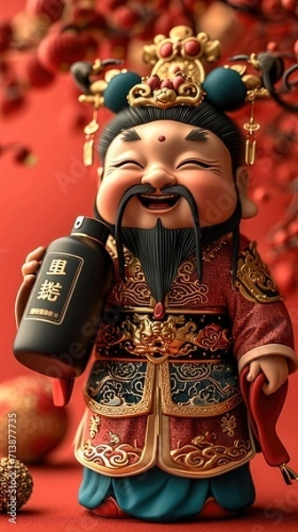 Fototapeta Cute Chinese God of wealth, Holding a black thermos in his hand, Smiling, Minimalist style, Simple and clean light red background. Generative AI.