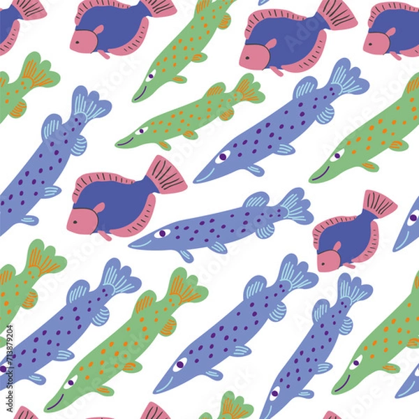 Fototapeta seamless pattern with flat cartoon fish in vector.river and sea fish for prints and design.Template for design, print, background, packaging, book, wrapping paper, fabric.