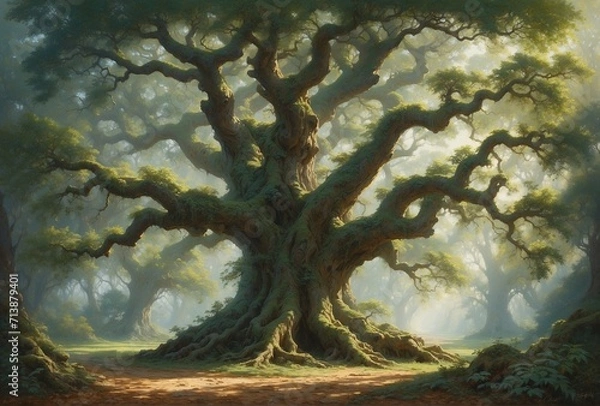 Fototapeta An opulent, labyrinthine forest depicted in a richly textured oil painting. The focal point of the image is a towering ancient oak tree