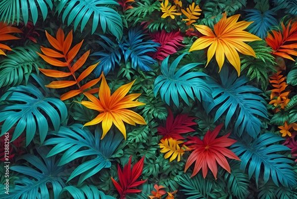 Fototapeta Coloful Assortment of Jungle Leaves and Flowers Background Wallpaper Generative AI
