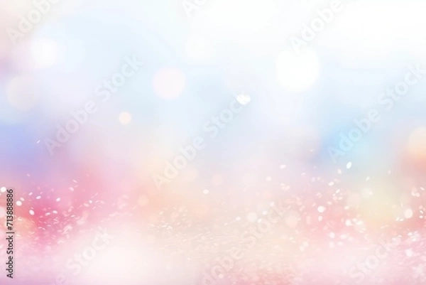Fototapeta Spring flower abstract pastel pink blurred blue white banner with shiny particle glowing. Wallpaper backdrop mockup, may, tender colors transparent background with copy space for design text