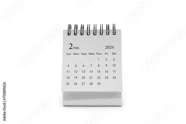 Fototapeta Simple desk calendar for FEB 2024 isolated on white background. Calendar concept with copy space. 