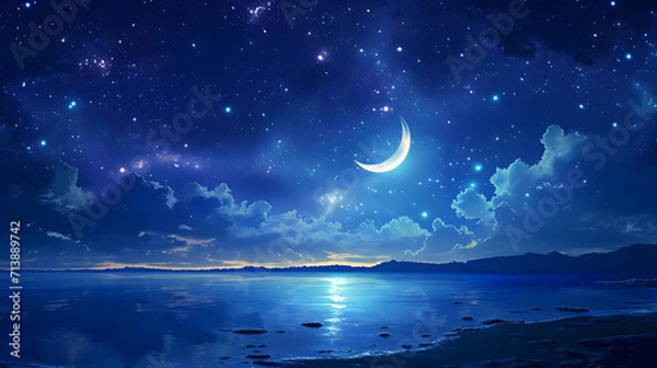 Fototapeta landscape background of mountains over the ocean at night with a crescent moon night sky