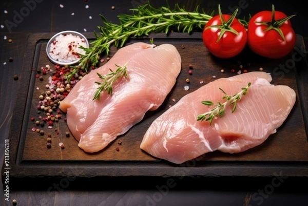 Fototapeta Chicken fillets with herbs and spices on a wooden board